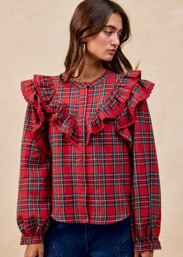 Plaid Ruffle Button Up Top