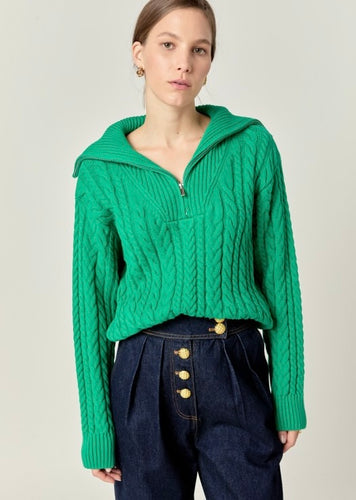 Green Cable Half Zip Sweater