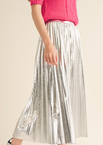 Silver Pleated Midi Skirt