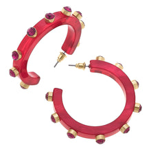 Load image into Gallery viewer, Fuchsia Resin + Rhinestone Studded Color Hoop