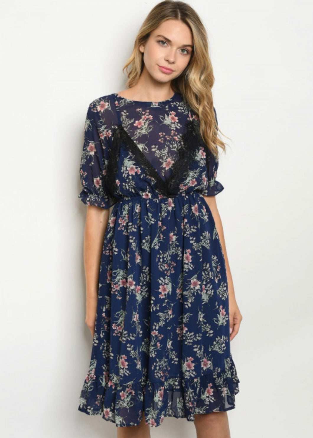 Layered Floral Navy Dress