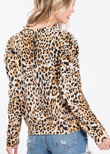 Leopard Puff Sleeve Knit Top