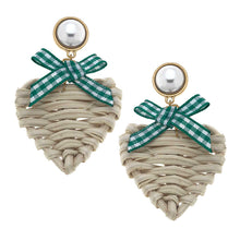 Load image into Gallery viewer, Green Gingham Rattan Heart Earrings