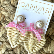 Load image into Gallery viewer, Pink Gingham Rattan Heart Earrings