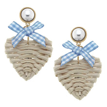 Load image into Gallery viewer, Baby Blue Gingham Rattan Heart Earrings